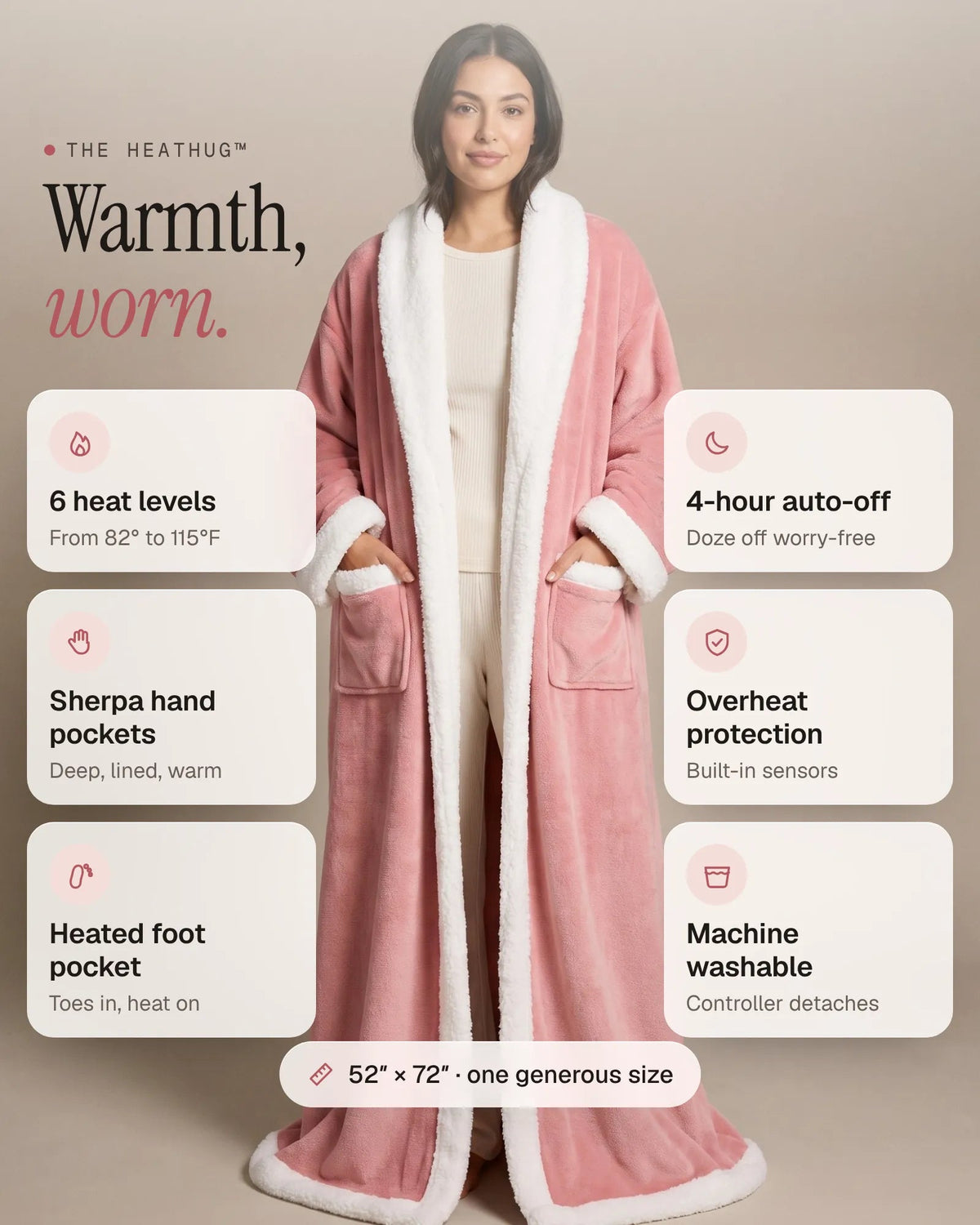 Tovelle HeatHug in Pink — 6 heat levels, sherpa hand pockets, heated foot pocket, 4-hour auto-off, overheat protection, machine washable