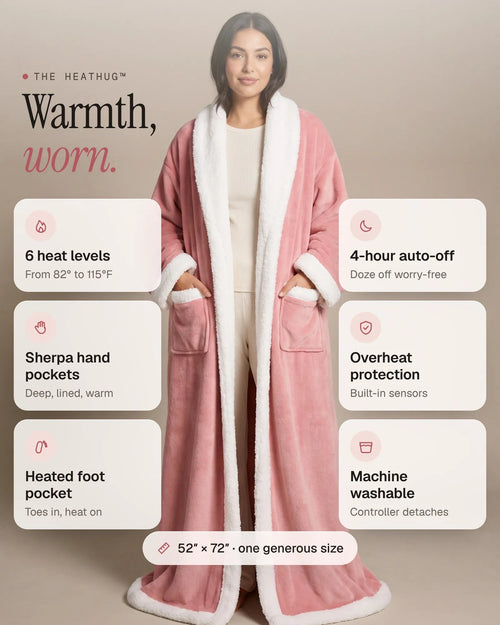 Tovelle HeatHug in Pink — 6 heat levels, sherpa hand pockets, heated foot pocket, 4-hour auto-off, overheat protection, machine washable
